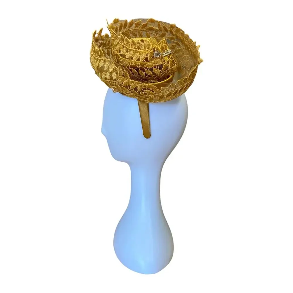 Y2K Gold Fascinator Headband – Rhinestone Leaf Appliqué w/ Satin Rose - Picture 4 of 8